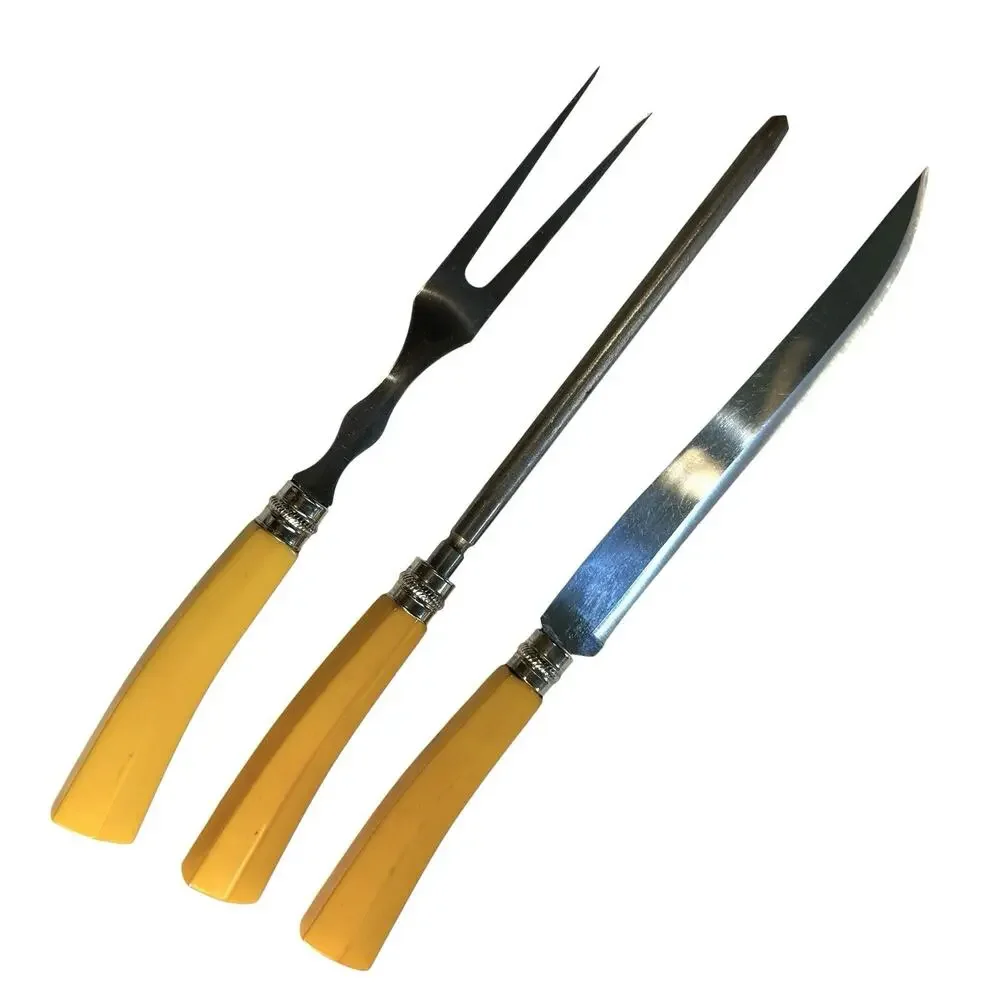 Vintage Original 1940s BAKELITE BUTTERSCOTCH HANDLE CARVING SET 3pc